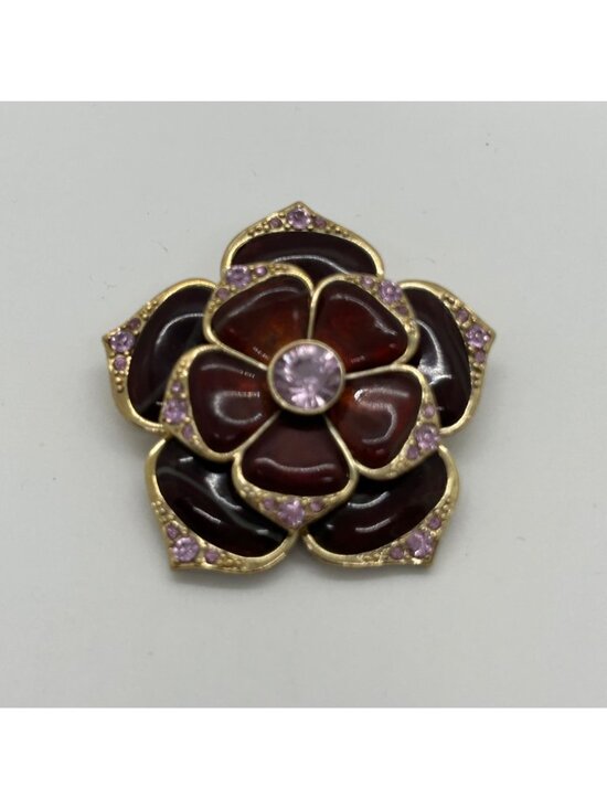 Vintage Liz Claiborne Brooch Burgundy Rose Pink Rhinestones Gold Tone Floral - Picture 4 of 11